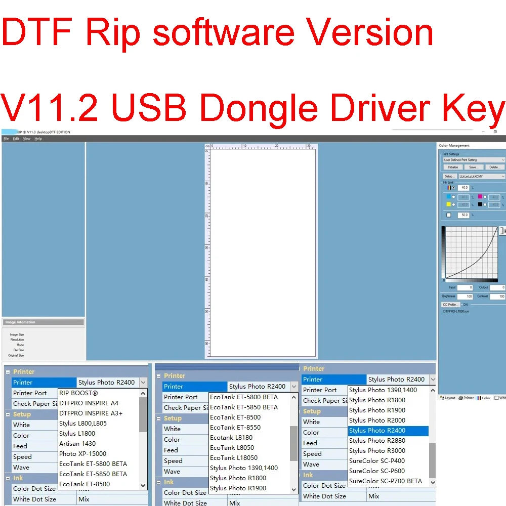 DTF Rip Software Version V11.2 USB Dongle Driver Key Desktop Version DTF Printing Software For R1390 L1800 R2400 XP-15000