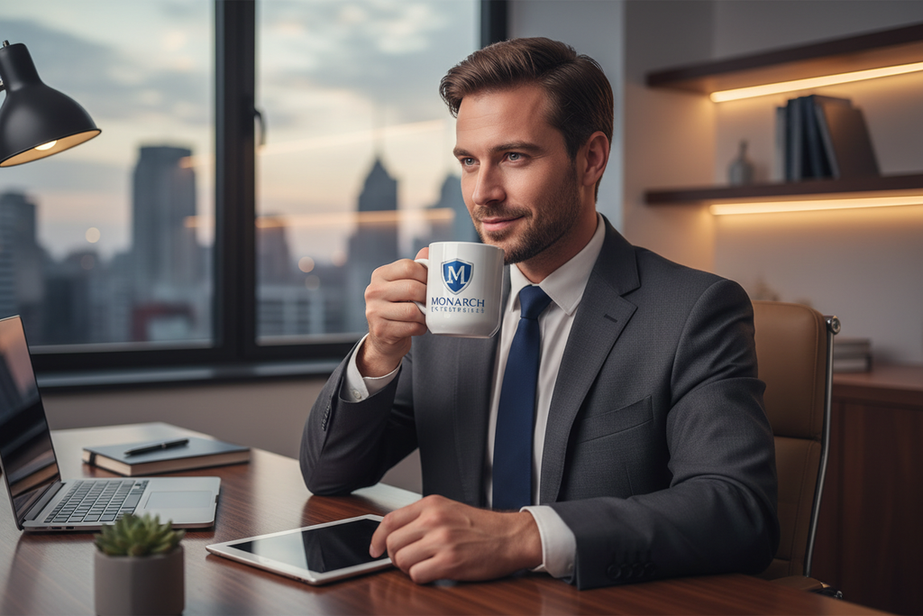 Businessman with branded mug